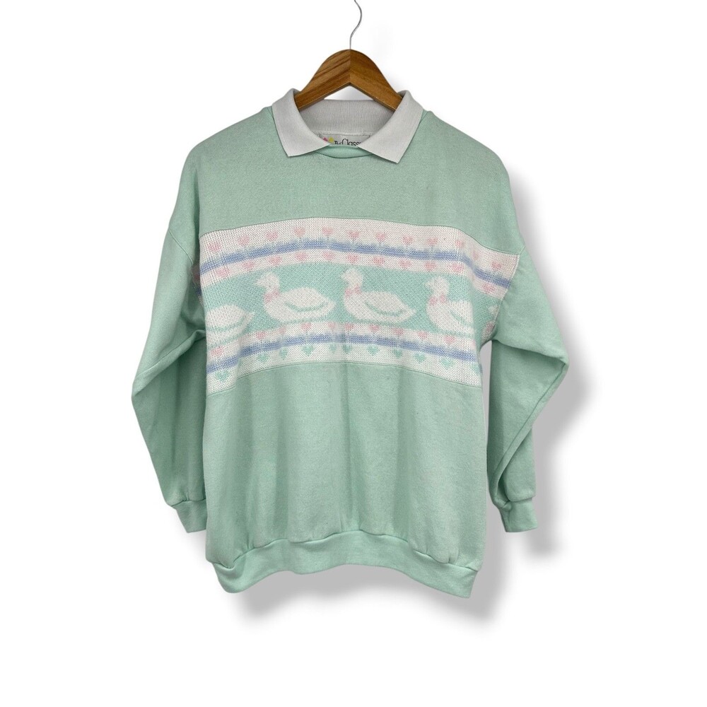 Vintage The Classics Collared Duck Collared Pastel Mint Green Sweater Grannycore